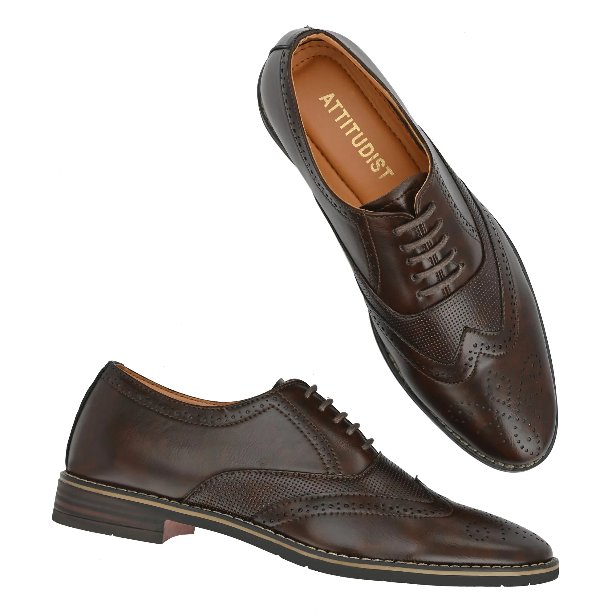 Attitudist Unisex Handcrafted Brown Formal Lace-up Derby Shoes Full Brouges With Wingtips