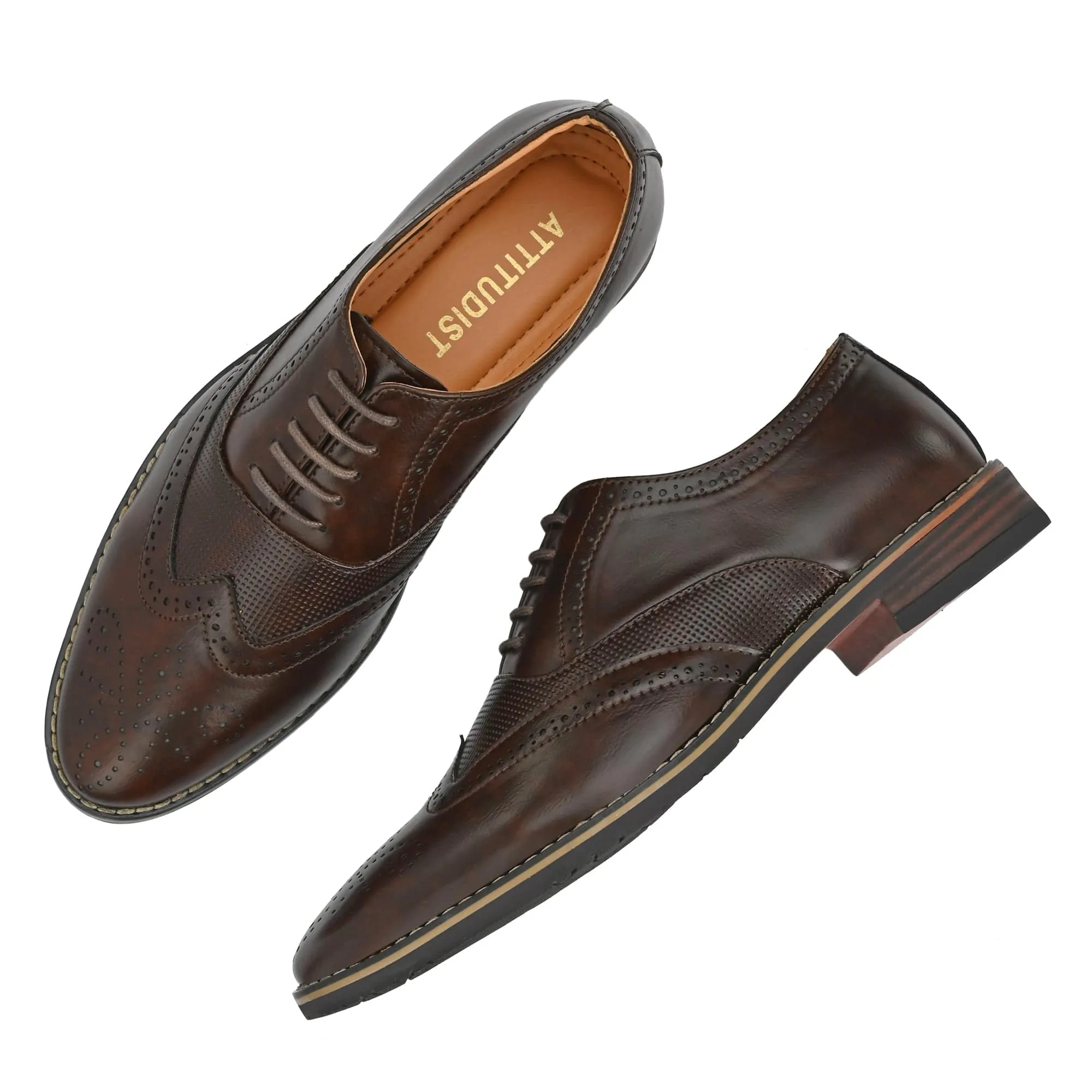 Attitudist Unisex Handcrafted Brown Formal Lace-up Derby Shoes Full Brouges With Wingtips