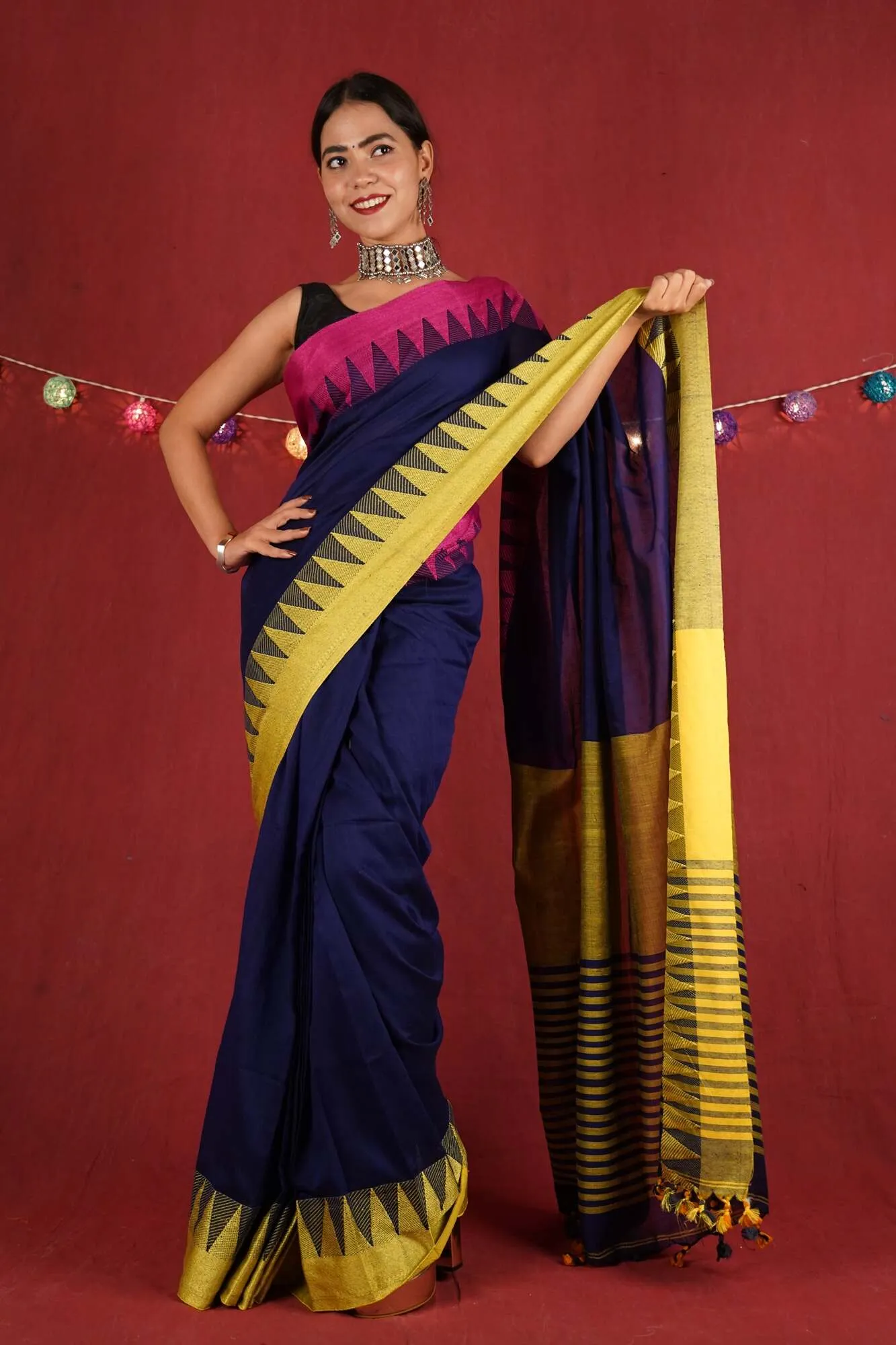 Beautiful handloom linen with temple border and sequins woven wrap in 1 minute saree