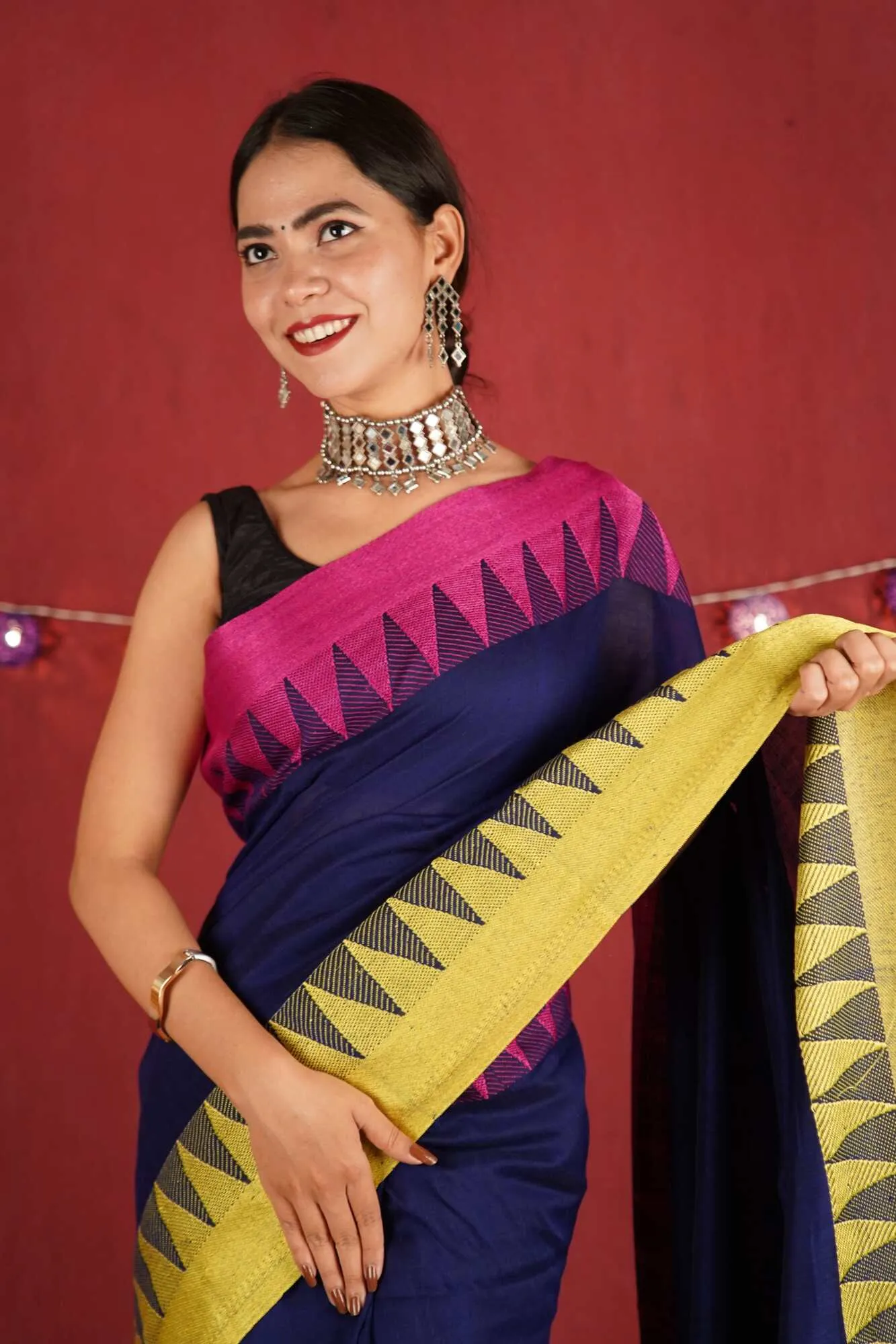 Beautiful handloom linen with temple border and sequins woven wrap in 1 minute saree