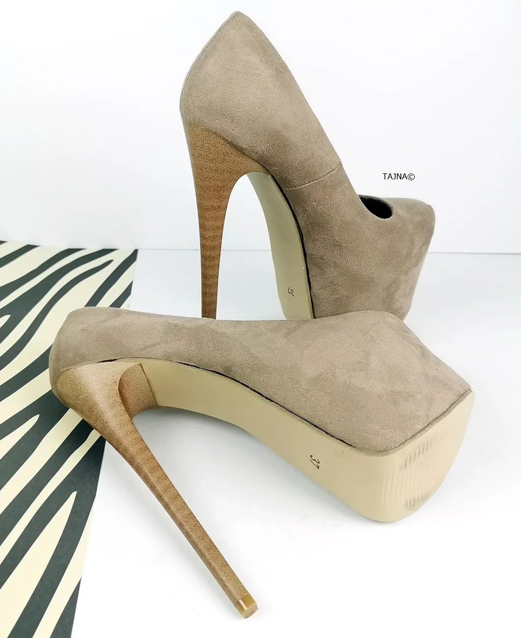 Beige Suede Platform Pump Heels