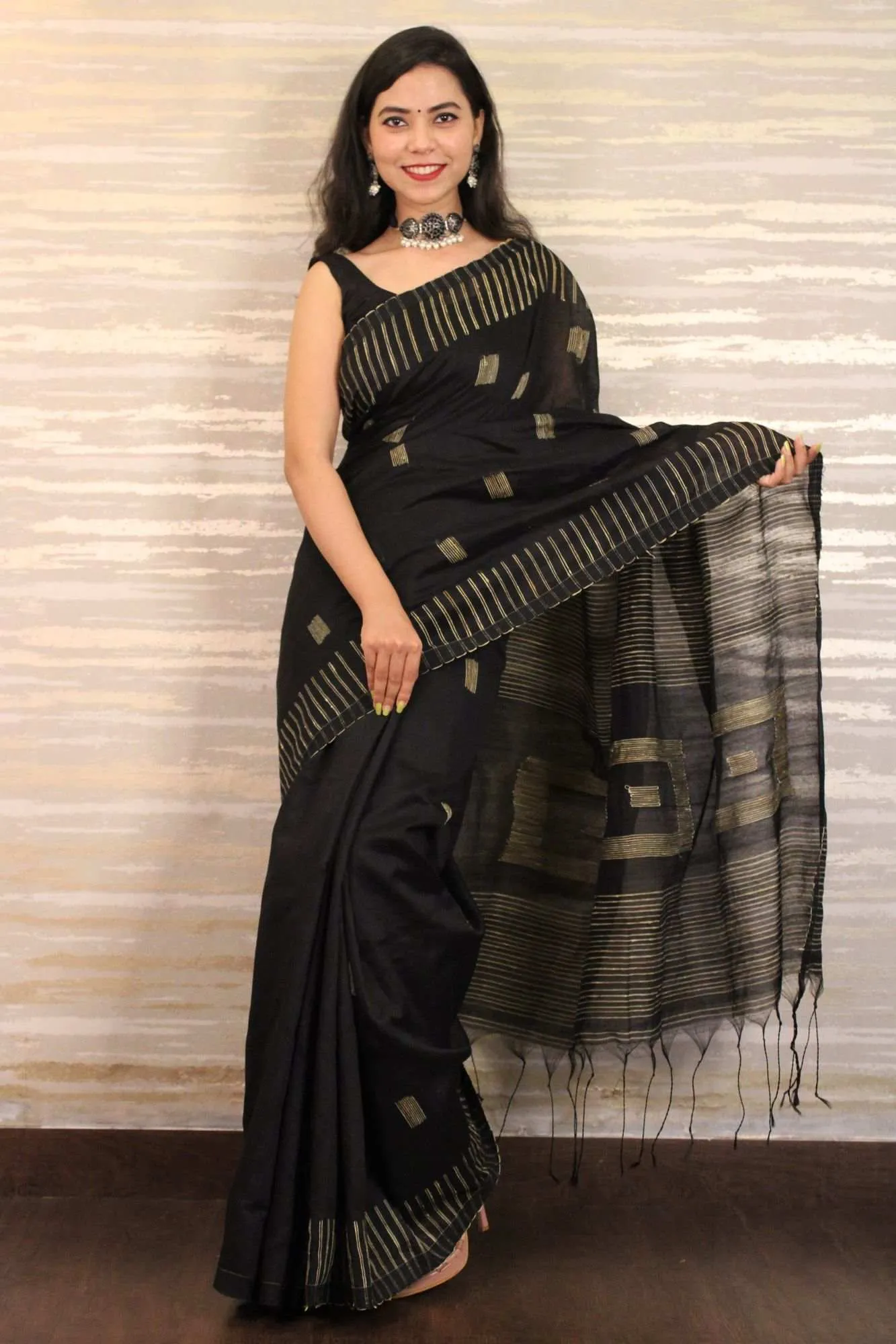 Black cotton silk ghicha wrap in 1 minute saree