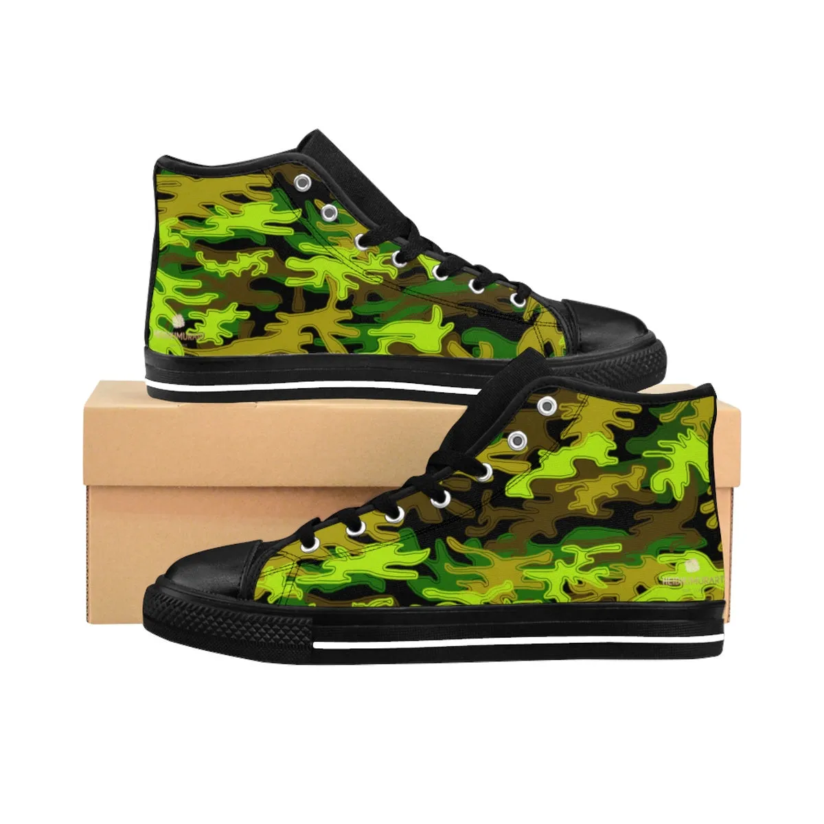 Black Green Men's Camo Sneakers, Camouflage Military Print Men's High-top Sneakers