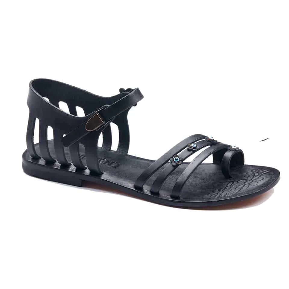 Black Strappy Leather Sandals For Womens