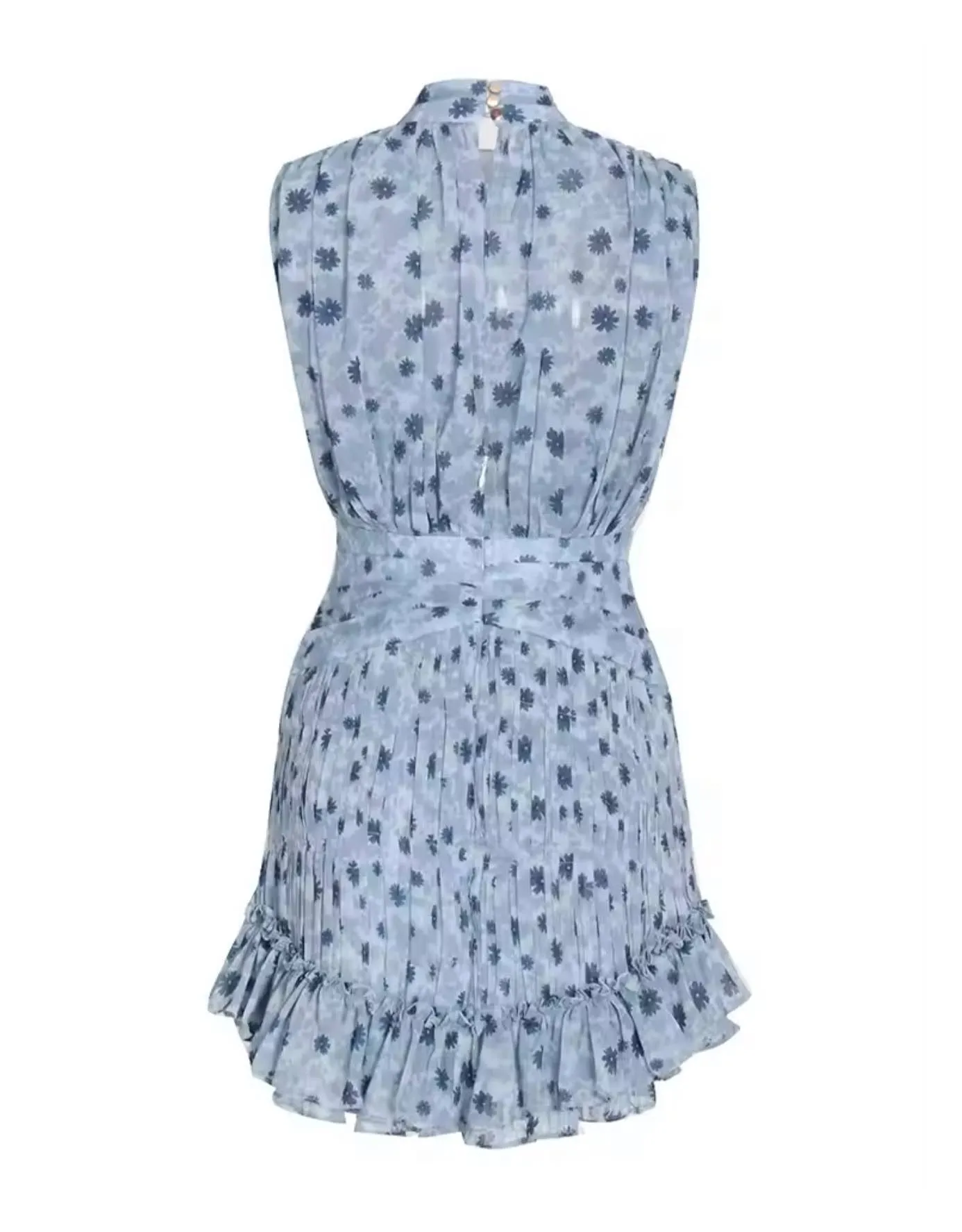 Blue Flower Print Short Ruffle Dress