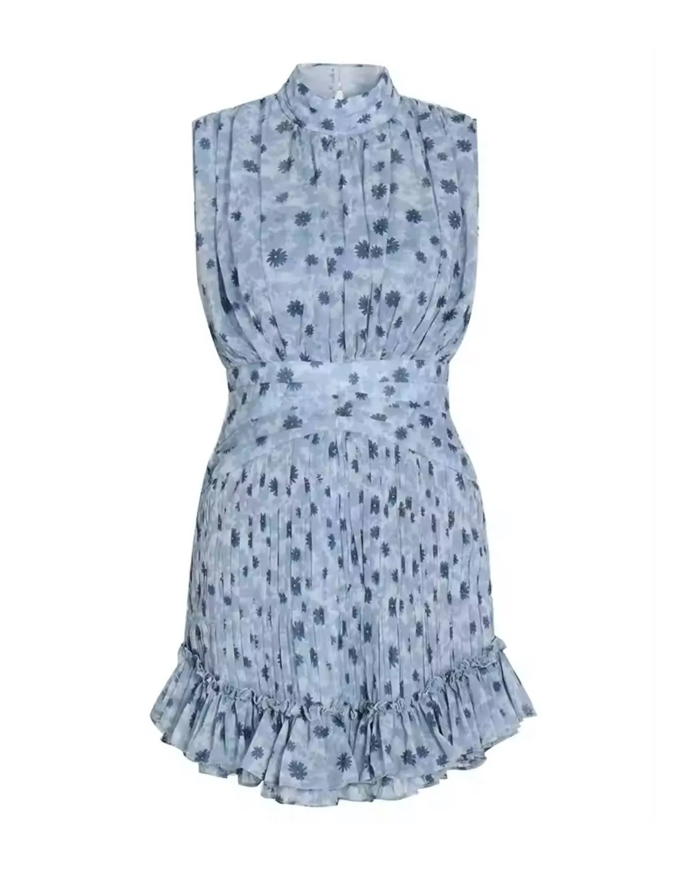 Blue Flower Print Short Ruffle Dress