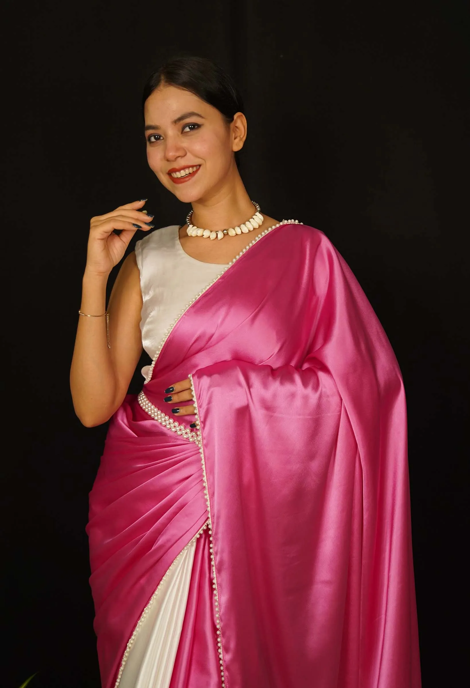 Contrast Pink and White  Satin Half And Half  With White Moti Lace Wrap in 1 Minute Saree