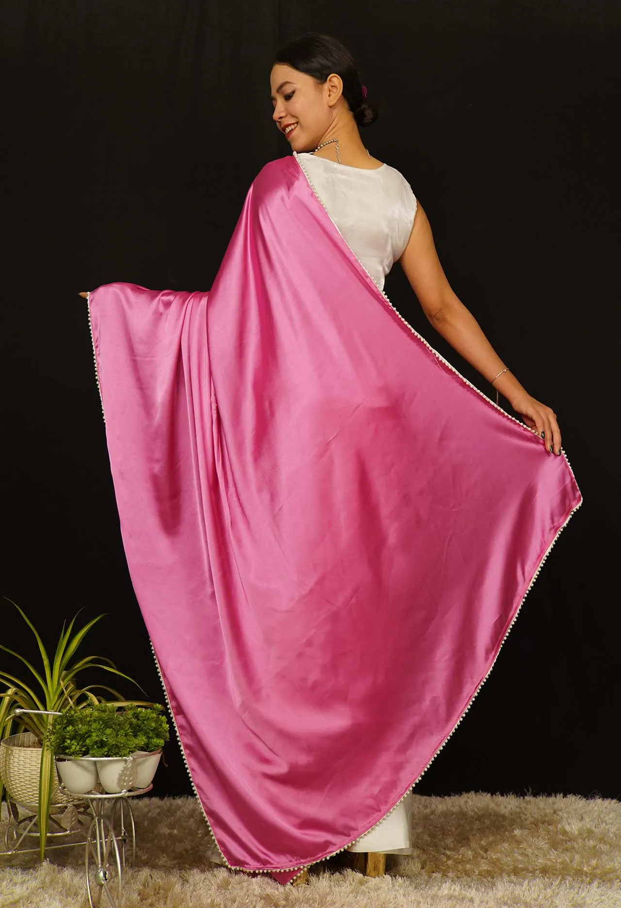 Contrast Pink and White  Satin Half And Half  With White Moti Lace Wrap in 1 Minute Saree