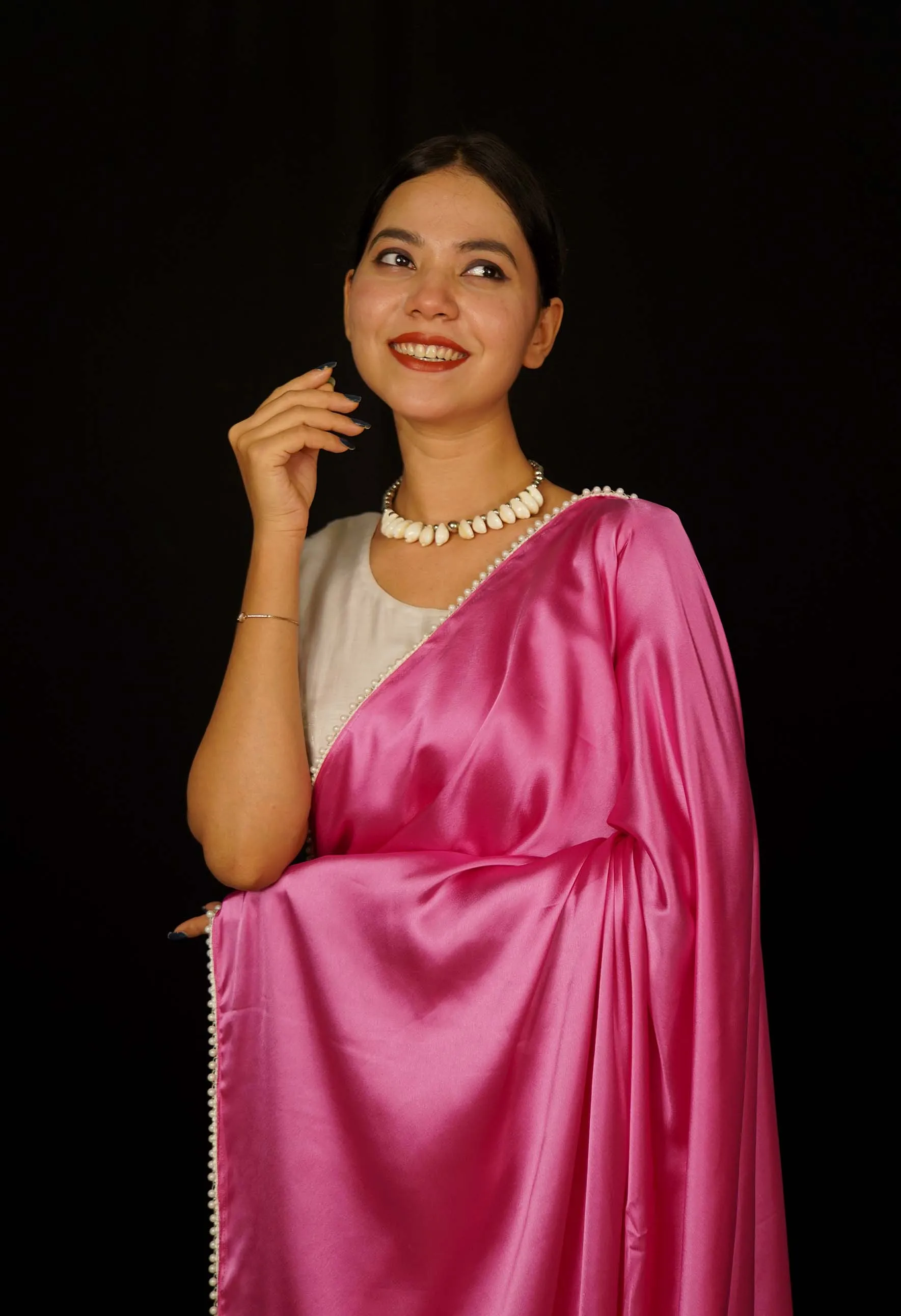 Contrast Pink and White  Satin Half And Half  With White Moti Lace Wrap in 1 Minute Saree