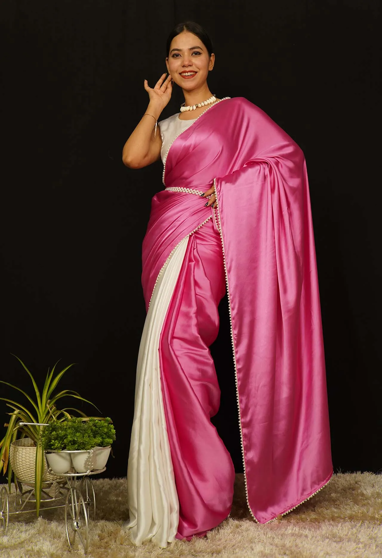 Contrast Pink and White  Satin Half And Half  With White Moti Lace Wrap in 1 Minute Saree