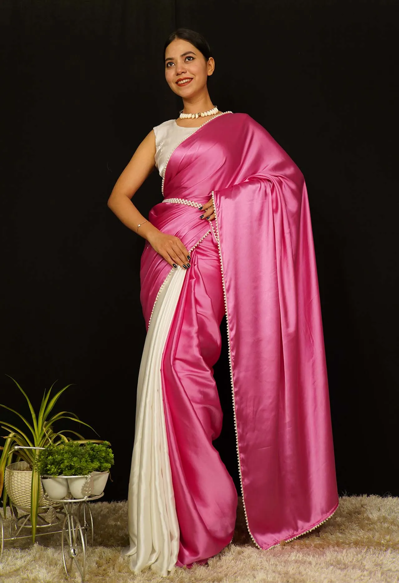 Contrast Pink and White  Satin Half And Half  With White Moti Lace Wrap in 1 Minute Saree