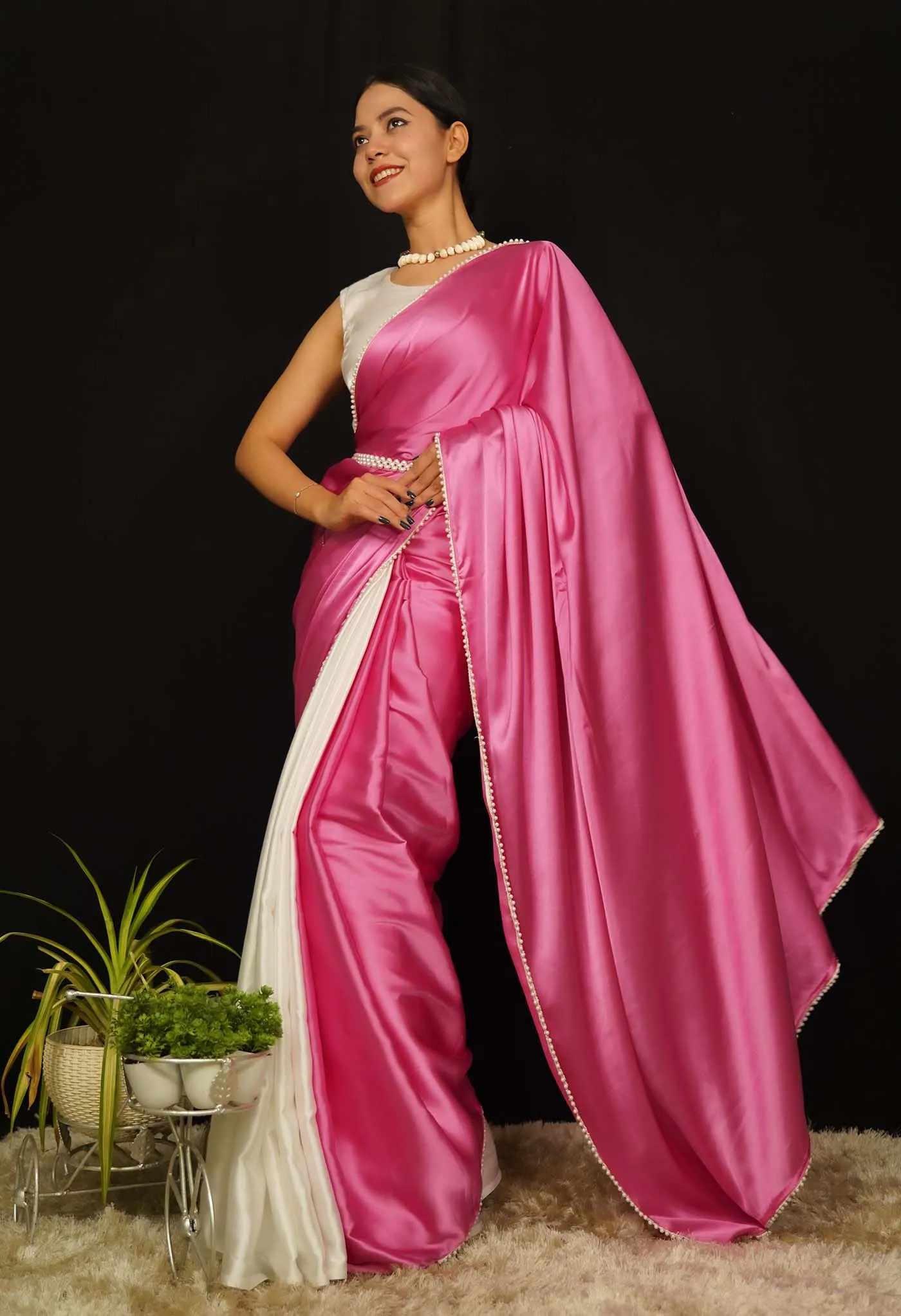 Contrast Pink and White  Satin Half And Half  With White Moti Lace Wrap in 1 Minute Saree