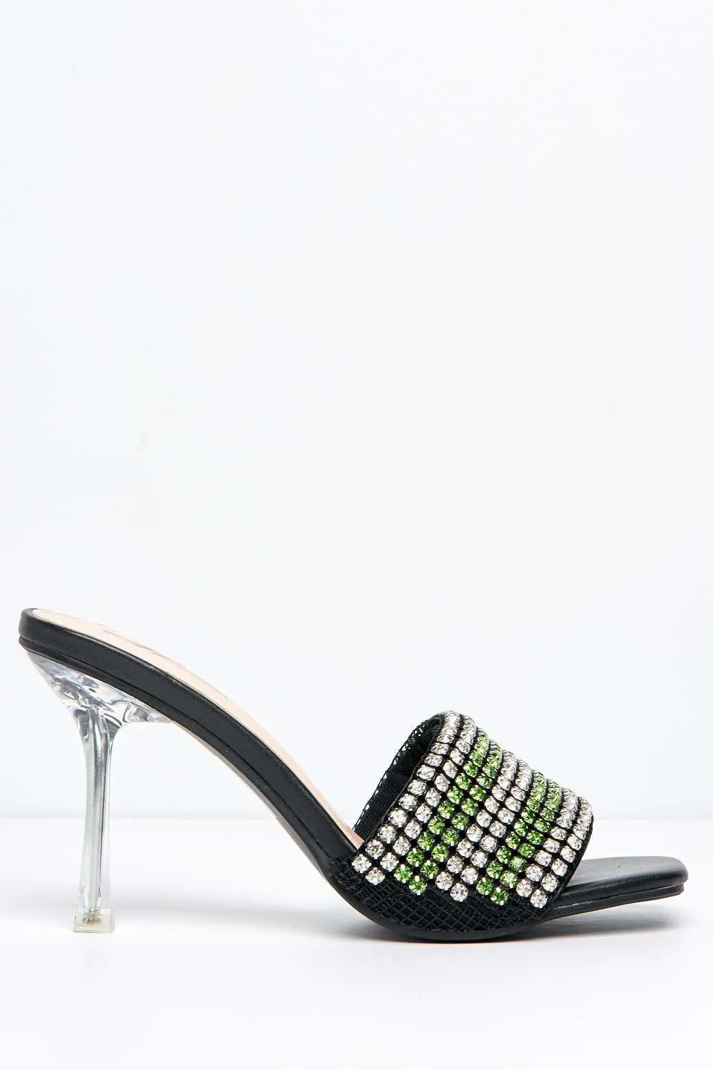 Crystalya Diamante Embellished Perspex Heel Mules in Green