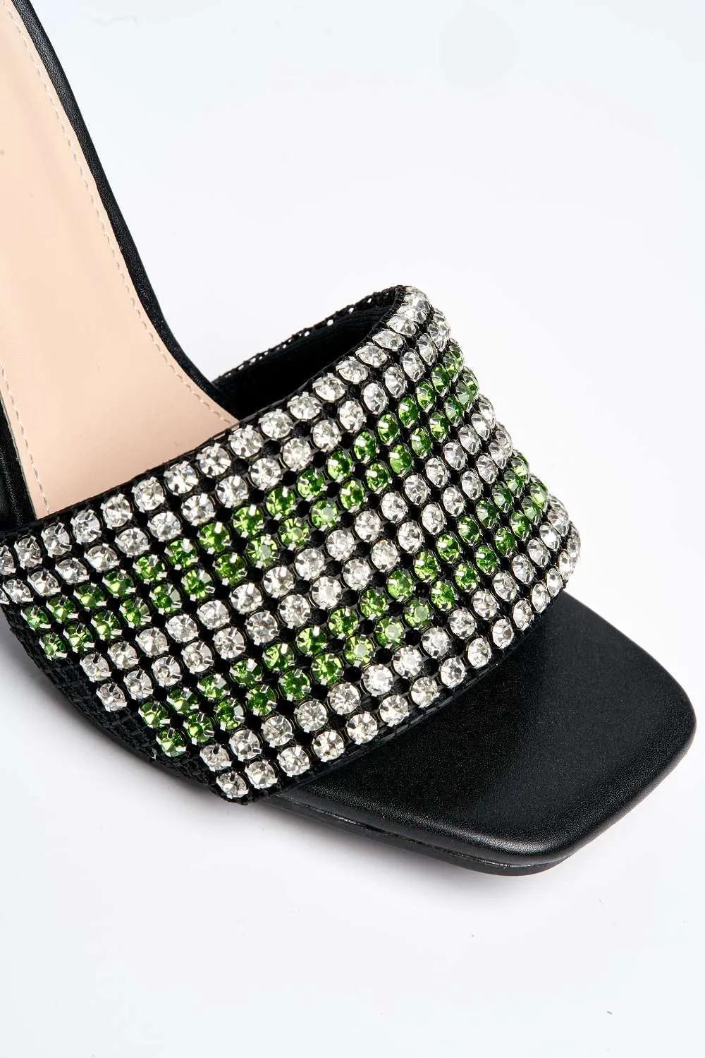 Crystalya Diamante Embellished Perspex Heel Mules in Green