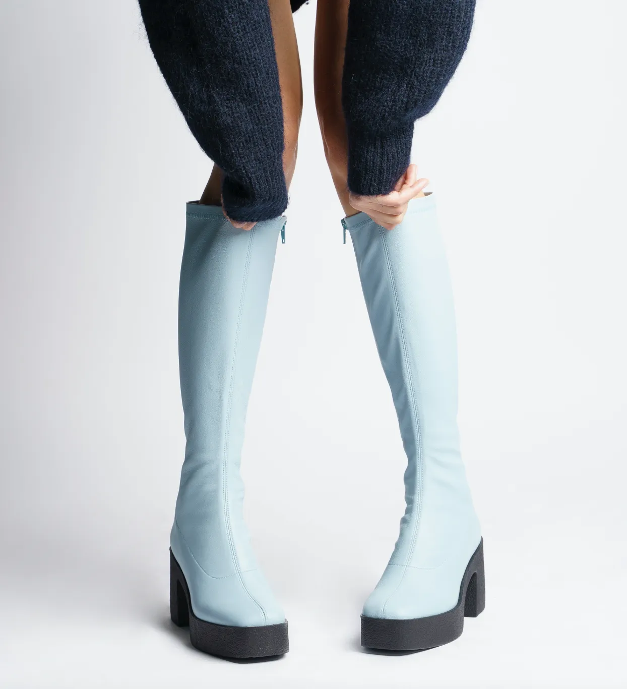 Izumi Pastel Blue Stretch Leather Chunky Boots