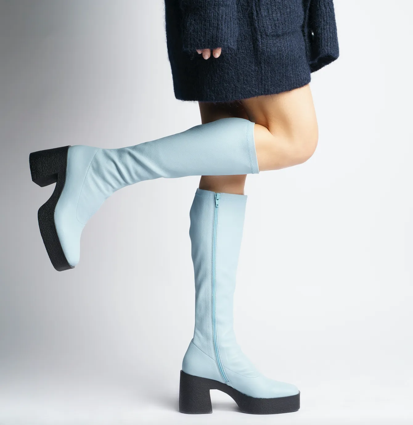 Izumi Pastel Blue Stretch Leather Chunky Boots