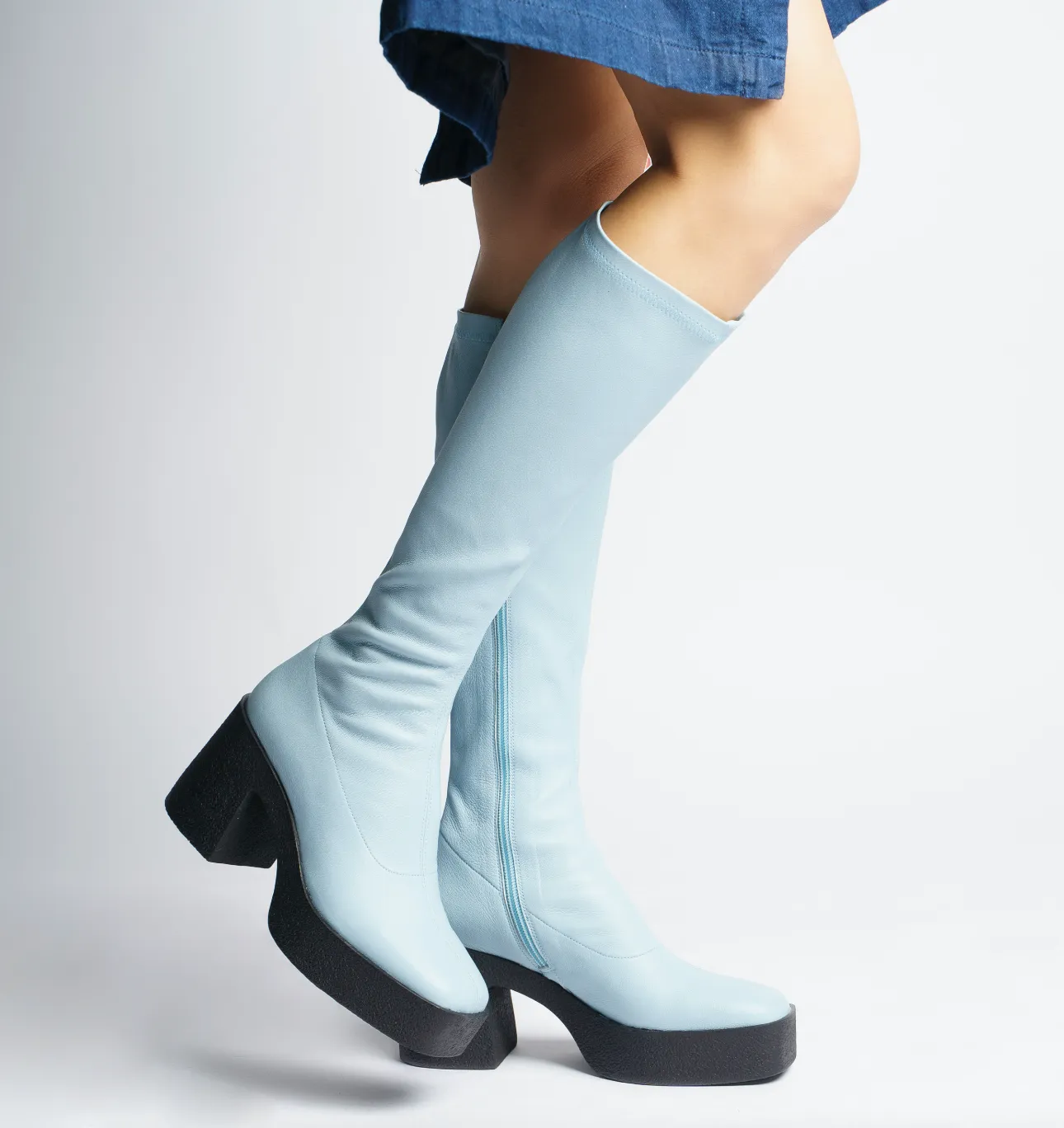 Izumi Pastel Blue Stretch Leather Chunky Boots