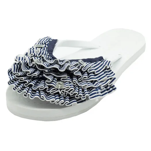 Marine Stripe Ruffle - Triple Rockaway- Flat Flip Flops Sandal