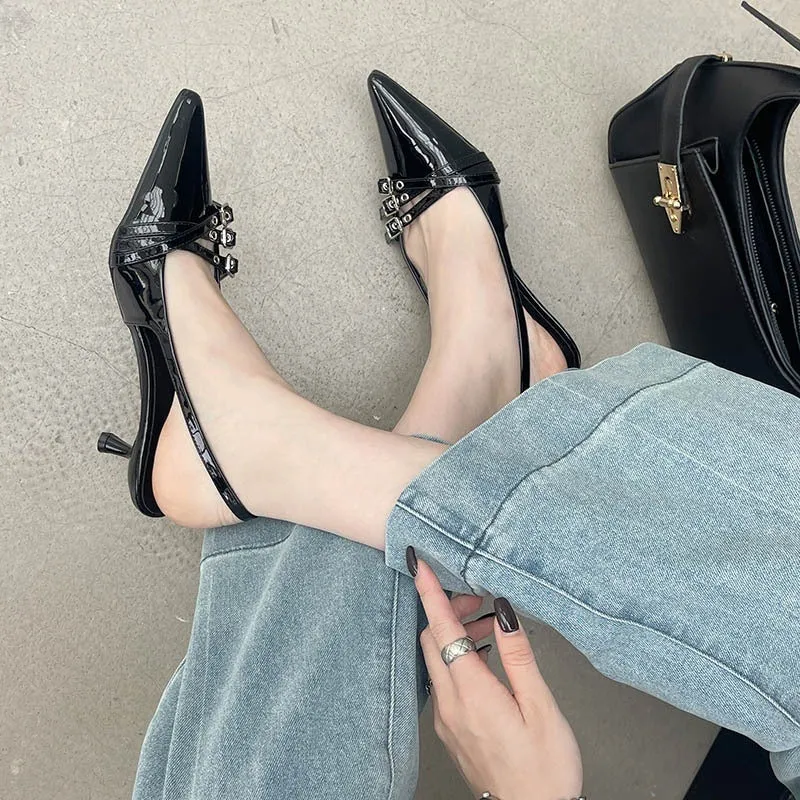 Pointed Buckle Ankle Strap Heels