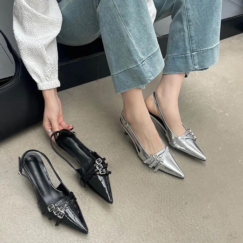 Pointed Buckle Ankle Strap Heels