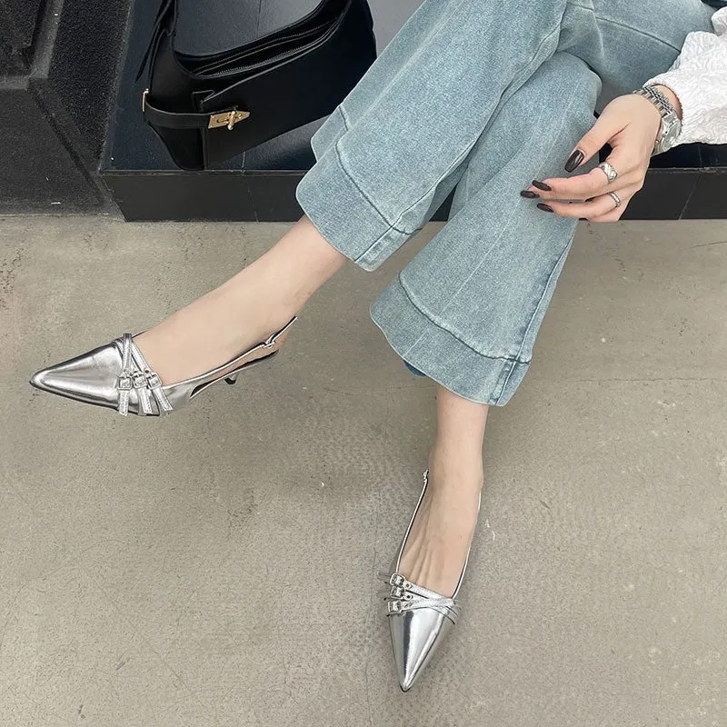 Pointed Buckle Ankle Strap Heels