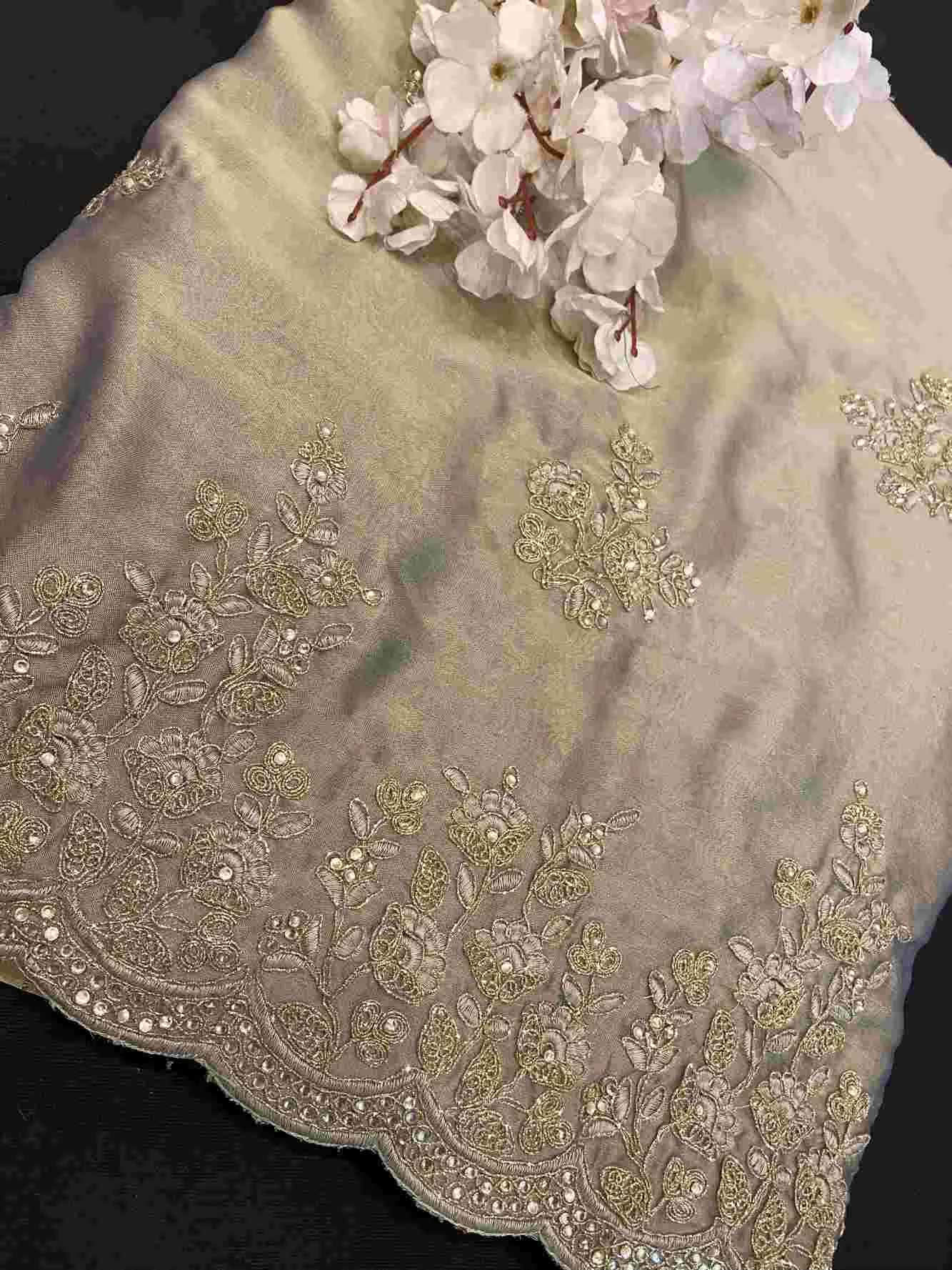 Premium satin silk With  Zari Floral Heavily Embroidered Border Ready To Wear Saree