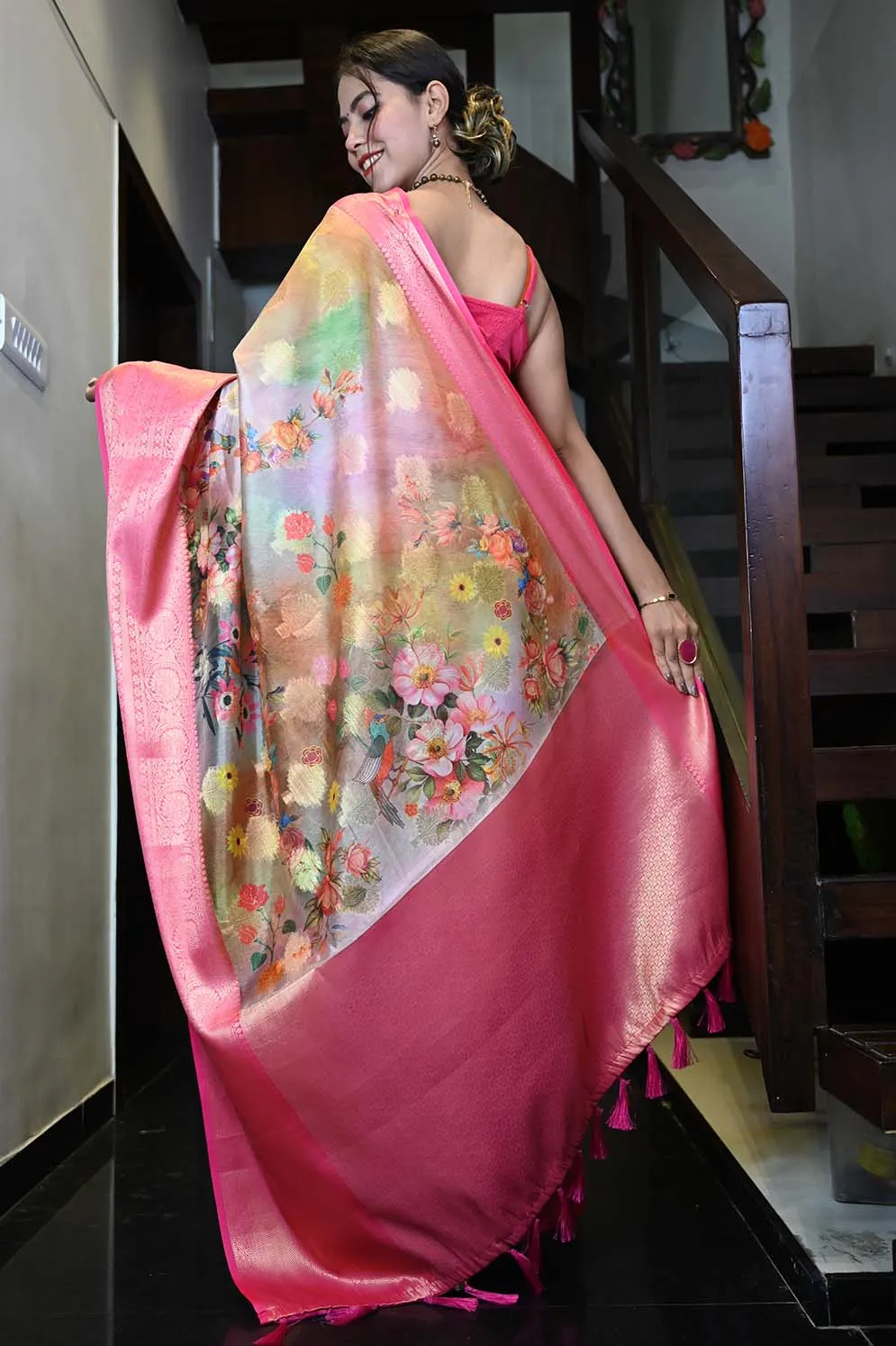 Ready To Wear Chanderi Artistic Floral Printed With Gold Toned Zari Border Wrap in 1 minute saree