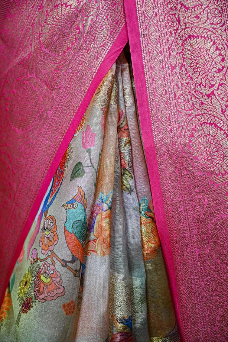 Ready To Wear Chanderi Artistic Floral Printed With Gold Toned Zari Border Wrap in 1 minute saree