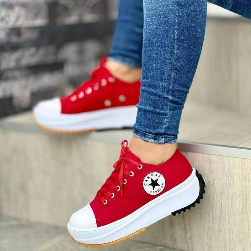 Women's Fashion Canvas Color-Blocking Lace-up Platform Heel Sneakers