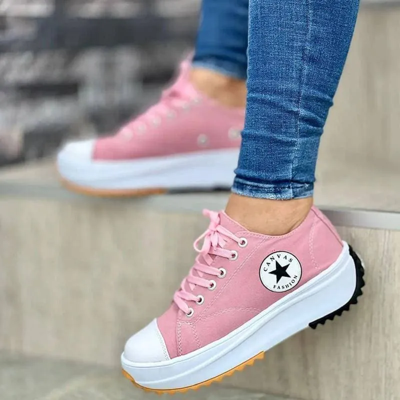 Women's Fashion Canvas Color-Blocking Lace-up Platform Heel Sneakers