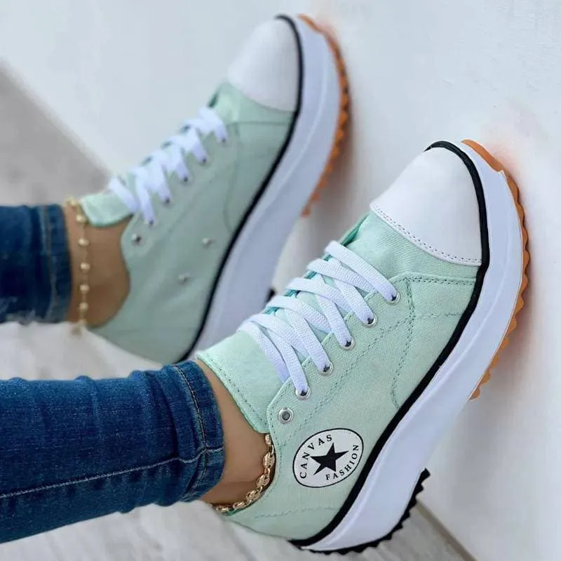 Women's Fashion Canvas Color-Blocking Lace-up Platform Heel Sneakers