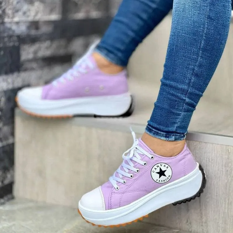 Women's Fashion Canvas Color-Blocking Lace-up Platform Heel Sneakers